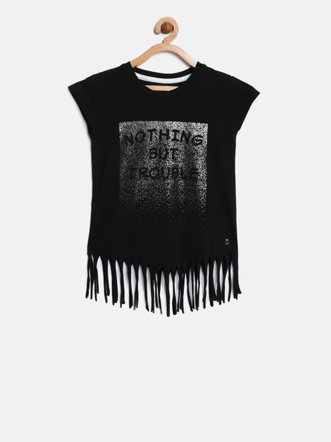 

Gini and Jony Girls Black Printed Fringed Top