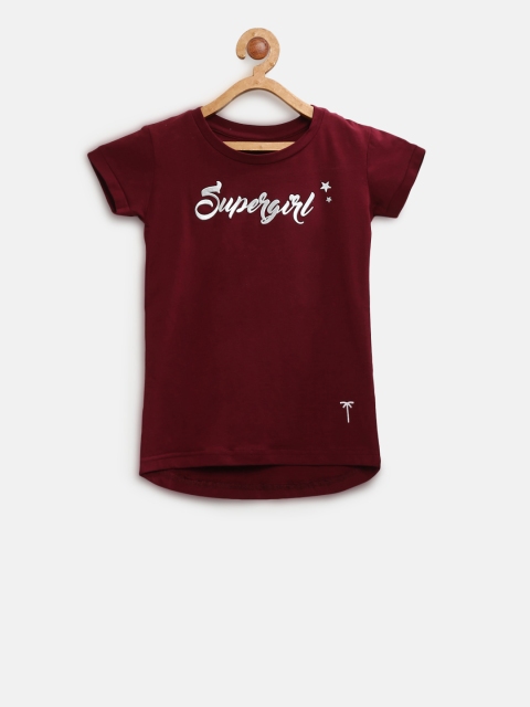

Palm Tree Girls Burgundy Solid Round Neck T-shirt with Printed Detail