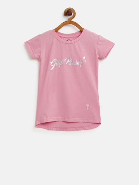 

Palm Tree Girls Pink Solid Round Neck T-shirt with Printed Detail