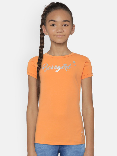 

Palm Tree Girls Orange Printed Detail Round Neck T-shirt