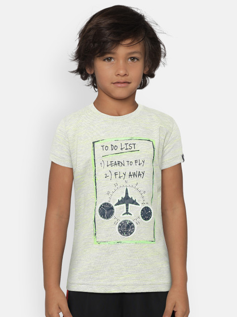 

Gini and Jony Boys Grey Melange & Fluorescent Green Printed Round Neck T-shirt