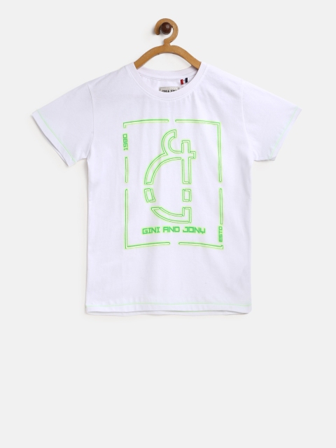 

Gini and Jony Boys White & Lime Green Printed Round Neck T-shirt