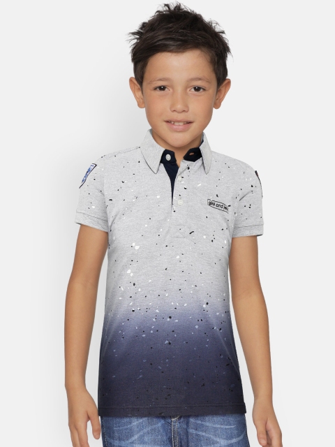 

Gini and Jony Boys Grey Melange & Navy Blue Printed Polo Collar T-shirt