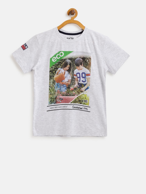 

Palm Tree Boys Grey Melange Printed Round Neck T-shirt