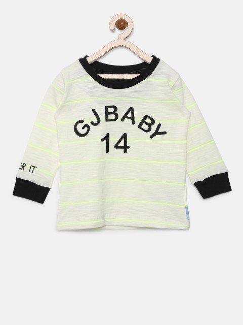 

Gini and Jony Boys Off-White & Fluorescent Green Striped Round Neck T-shirt