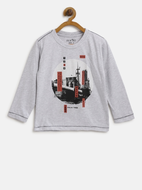 

Palm Tree Boys Grey Melange Printed Round Neck T-shirt