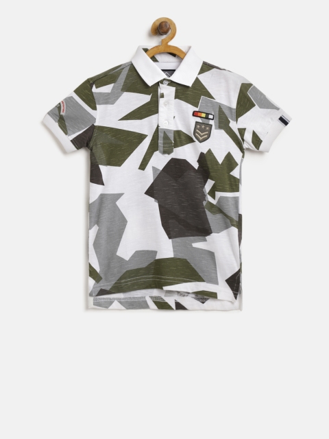 

Palm Tree Boys White & Olive Green Printed Polo Collar T-shirt