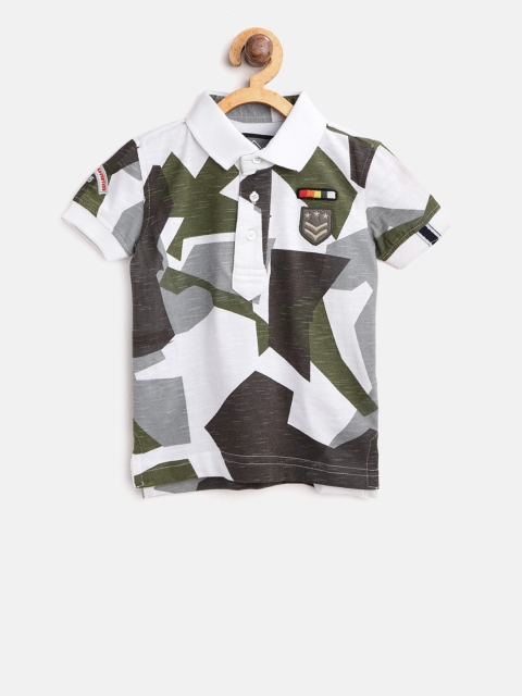 

Palm Tree Boys White Olive Green Printed Polo Collar Pure Cotton T-shirt