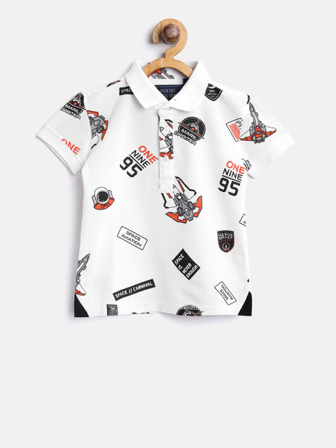 

Palm Tree Boys White & Black Printed Polo Collar T-shirt