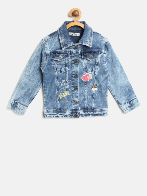 

Palm Tree Girls Blue Washed Denim Jacket with Printed Detail