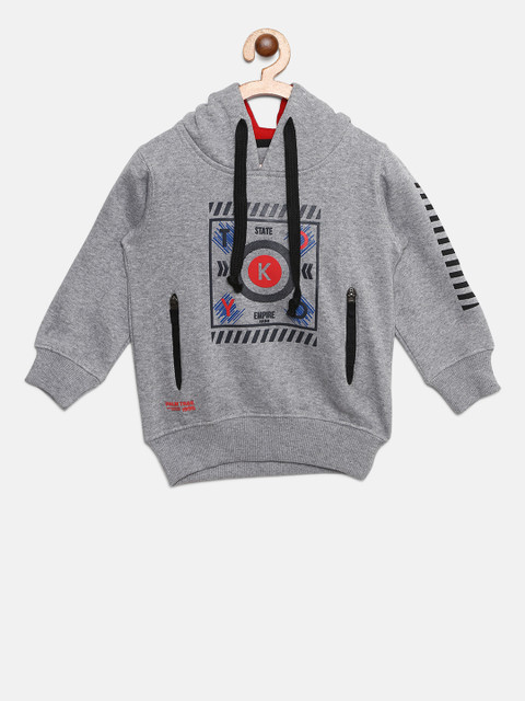 

Gini and Jony Boys Grey Melange Printed Hooded Sweatshirt