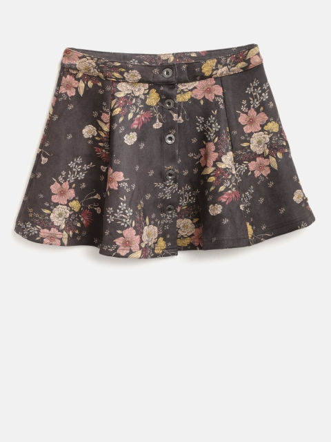 

Gini and Jony Girls Coffee Brown & Dusty Pink Floral Print A-Line Skirt with Suede Finish