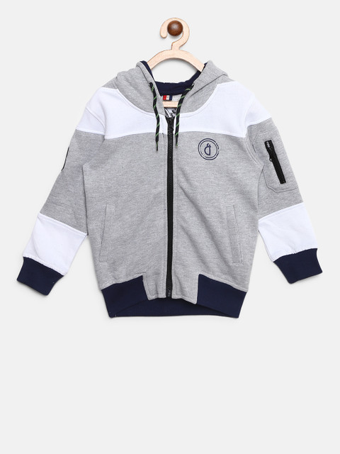 

Gini and Jony Boys Grey Melange & White Colourblocked Hooded Sweatshirt