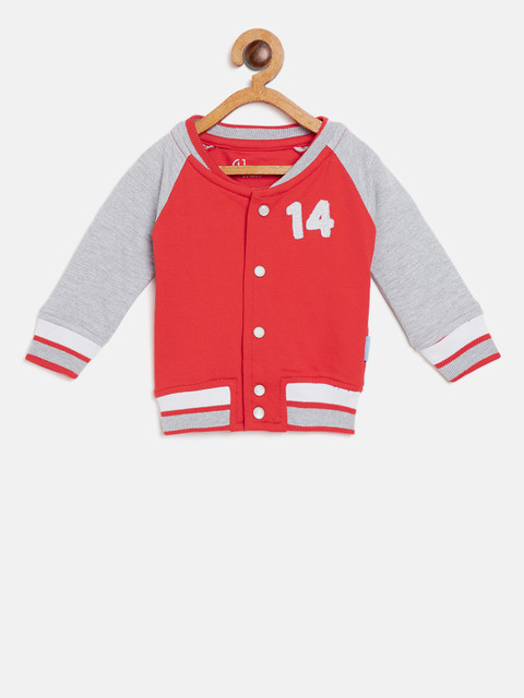 

Gini and Jony Boys Red & Grey Melange Solid Collarless Varsity Jacket