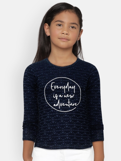 

Palm Tree Girls Navy Blue Self Design Top with Printed Detail