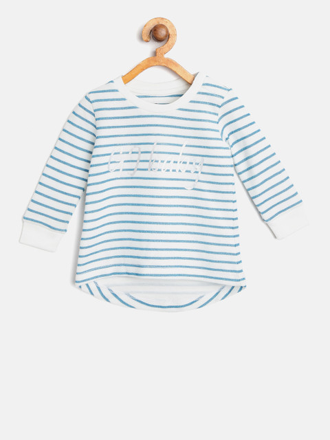 

Gini and Jony Girls White & Blue Striped Round Neck T-shirt with Printed Detail