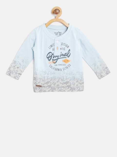 

Palm Tree Boys Blue Grey Printed Henley Neck Pure Cotton T-shirt