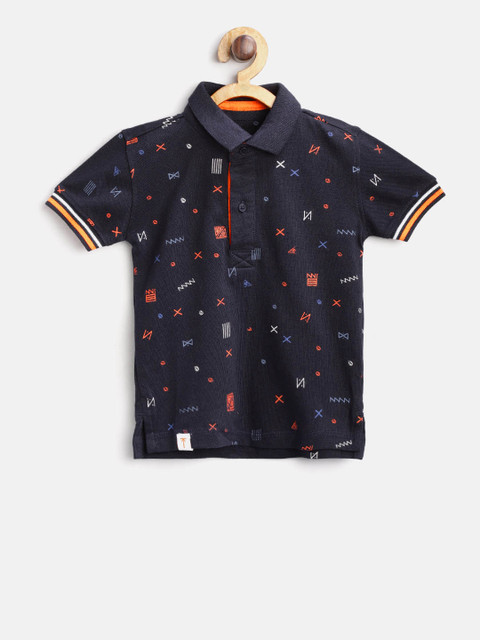 

Palm Tree Boys Navy Blue Printed Polo Collar T-shirt