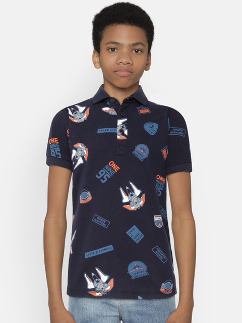 

Palm Tree Boys Navy Blue Printed Polo Collar T-shirt