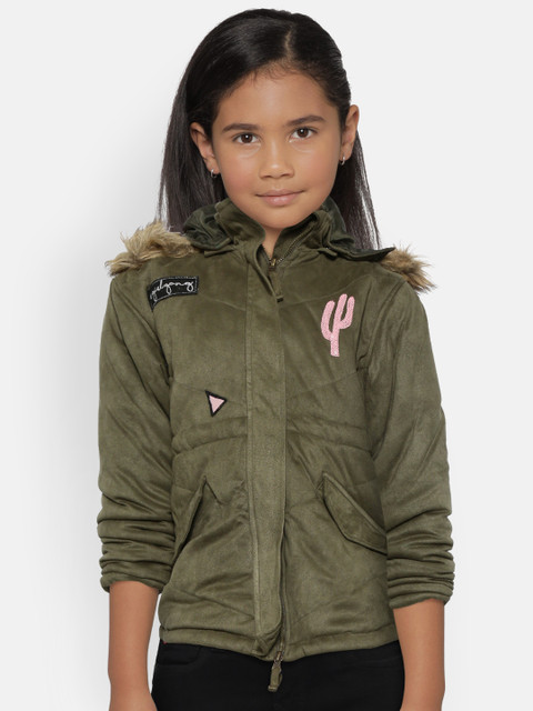 

Gini and Jony Girls Olive Green Solid Hooded Parka Jacket