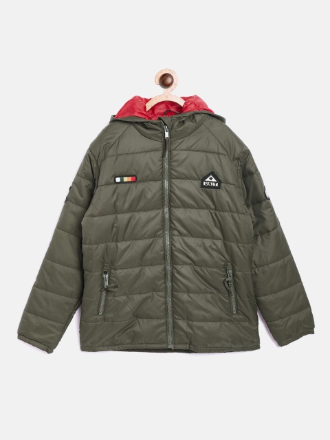 

Gini and Jony Boys Olive Green Solid Hooded Padded Jacket