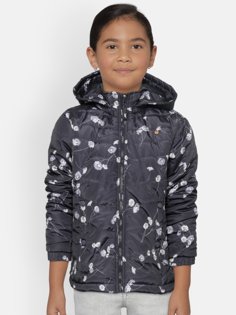 

Gini and Jony Girls Navy Blue & White Printed Padded Jacket with Detachable Hood