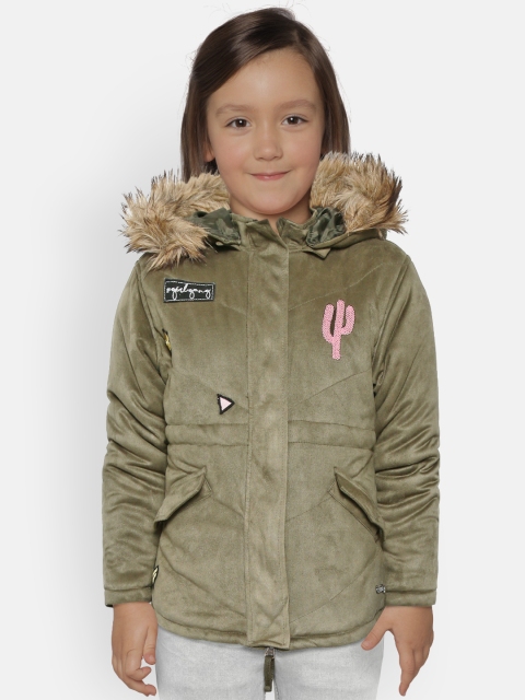 

Gini and Jony Girls Olive Green Solid Hooded Parka Jacket