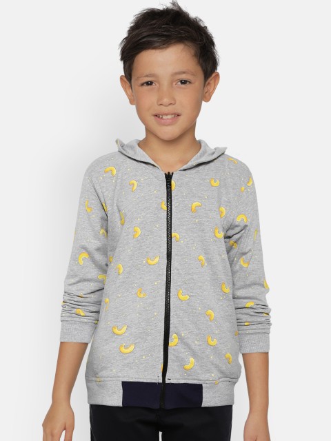 

Gini and Jony Boys Grey Melange & Navy Blue Printed Hooded Reversible Sweatshirt