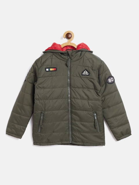 

Gini and Jony Boys Olive Green Solid Hooded Padded Jacket