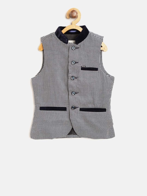 

Gini and Jony Boys Navy & Off-White Self-Checked Nehru Jacket, Navy blue