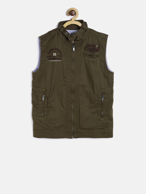 

Palm Tree Boys Olive Green Solid Sleeveless Tailored Jacket
