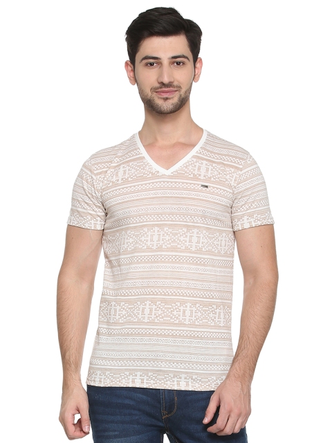 

Peter England Casuals Men Beige Self-Design V-Neck T-shirt