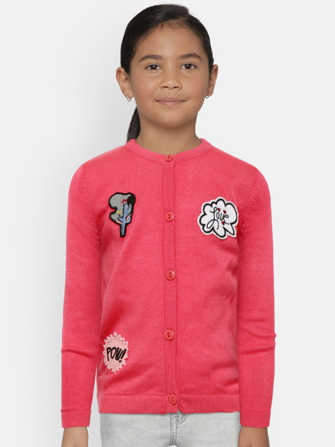 

Gini and Jony Girls Pink Solid Cardigan with Applique Detail