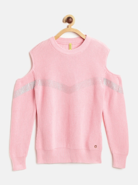 

Gini and Jony Girls Pink Cold-Shoulder Ribbed Sweater