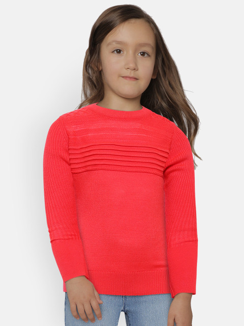 

Gini and Jony Girls Coral Red Solid Sweater with Self-Striped Detail