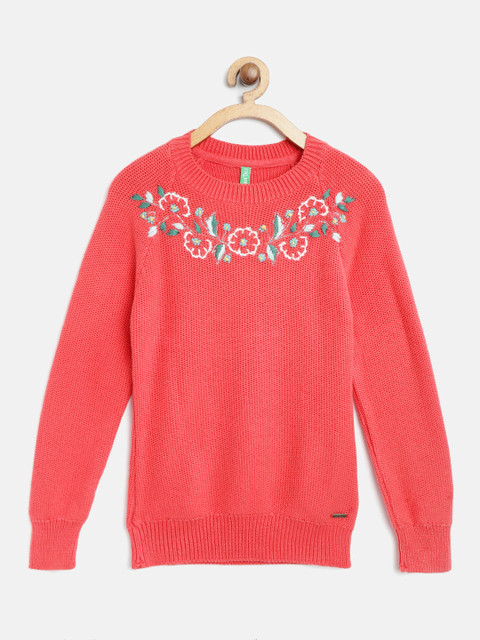 

Palm Tree Girls Coral Pink Solid Pullover with Embroidered Detail
