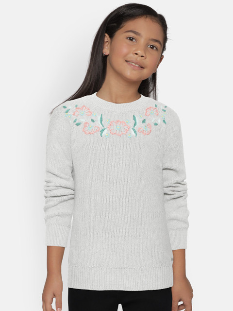 

Palm Tree Girls Grey Solid Sweater with Embroidered Detail