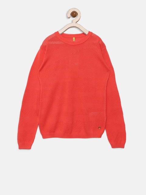 

Gini and Jony Girls Coral Orange Open Knit Self Design Pullover