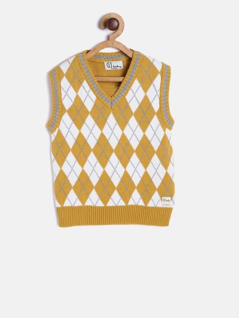 

Gini and Jony Boys Mustard Yellow & White Argyle Self Design Sweater Vest