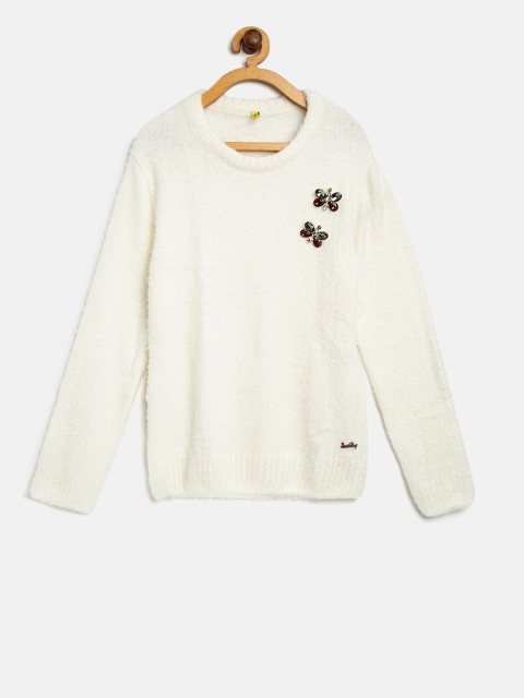 

Gini and Jony Girls Off-White Solid Sweater with Applique Detail