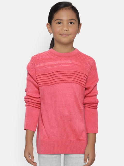 

Gini and Jony Girls Pink Solid Sweater with Self-Striped Detail