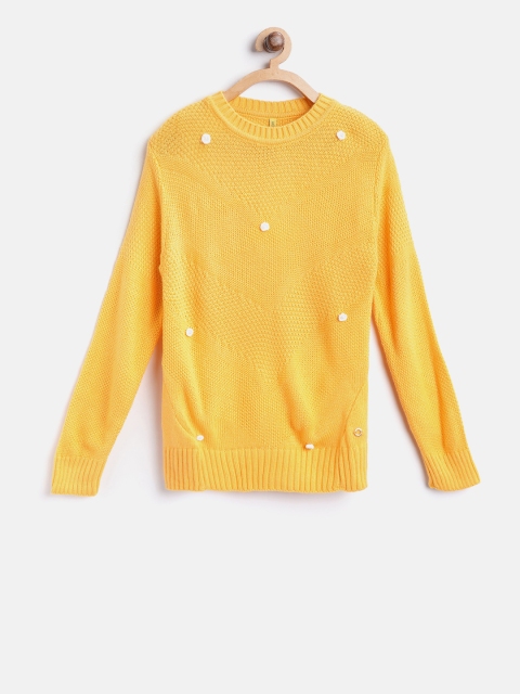 

Gini and Jony Girls Mustard Yellow Self Design Pullover