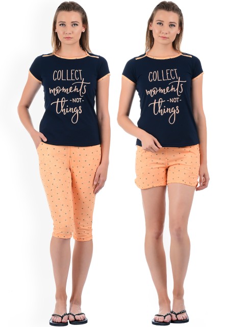 

Sweet Dreams Women Navy Blue & Orange Printed Night Suit 215818CA