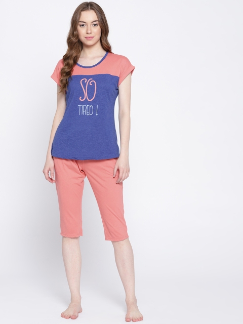 

Sweet Dreams Women Blue & Peach-Coloured Colourblocked Night Suit 216418CA