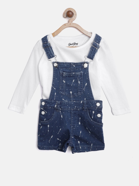 

Gini and Jony Girls White & Navy Blue Solid T-shirt with Dungarees