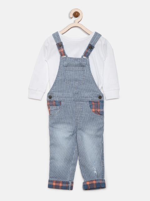 

Gini and Jony Boys Blue & White Solid Dungarees With T-shirt
