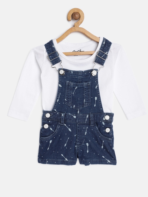 

Gini and Jony Girls Blue Printed Denim Dungarees With T-shirt