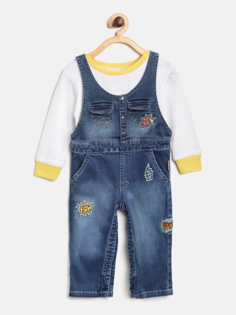 

Gini and Jony Girls White & Blue Solid T-shirt with Washed Denim Dungarees