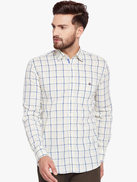 

Crimsoune Club Men Cream-Coloured & Blue Slim Fit Checked Casual Shirt