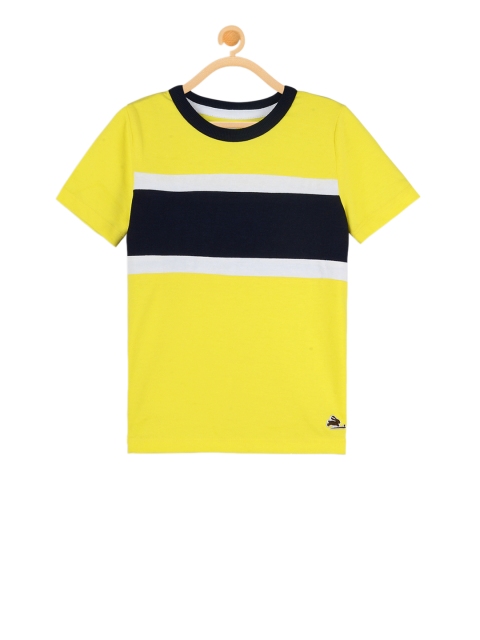 

Cherry Crumble Boys Yellow & Navy Blue Colourblocked Round Neck T-shirt